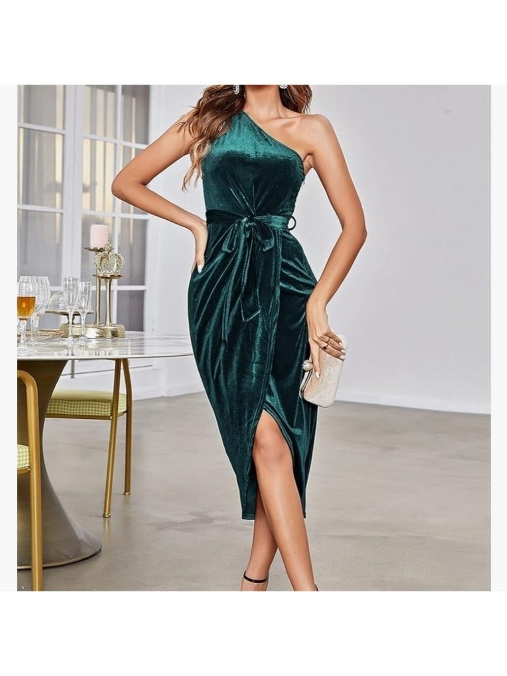 Merokeety Women's Emerald One Shoulder Velvet Wrap Slit Midi Dress NWT Size L